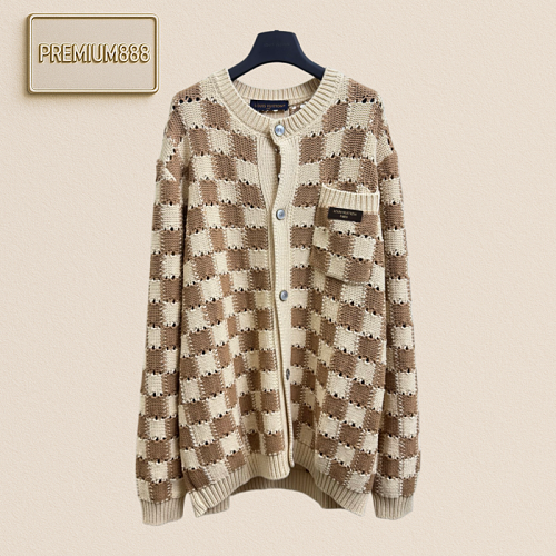 1v Louis Multi-color Hollowed-out Checkered Leather Cardigan With Logo And Knitted Front P