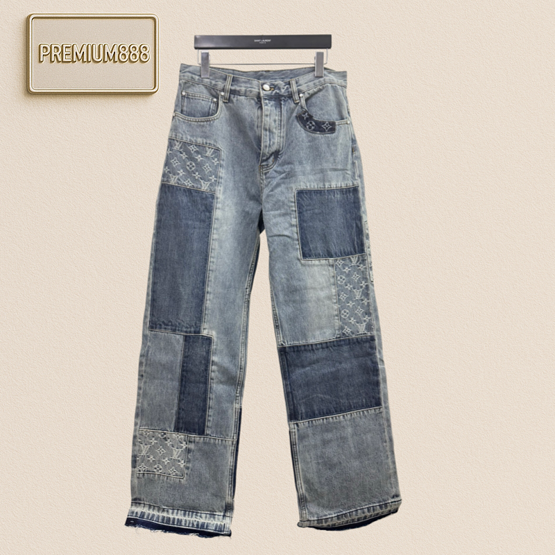 1v Louis Patched Monogram Check Denim Pants