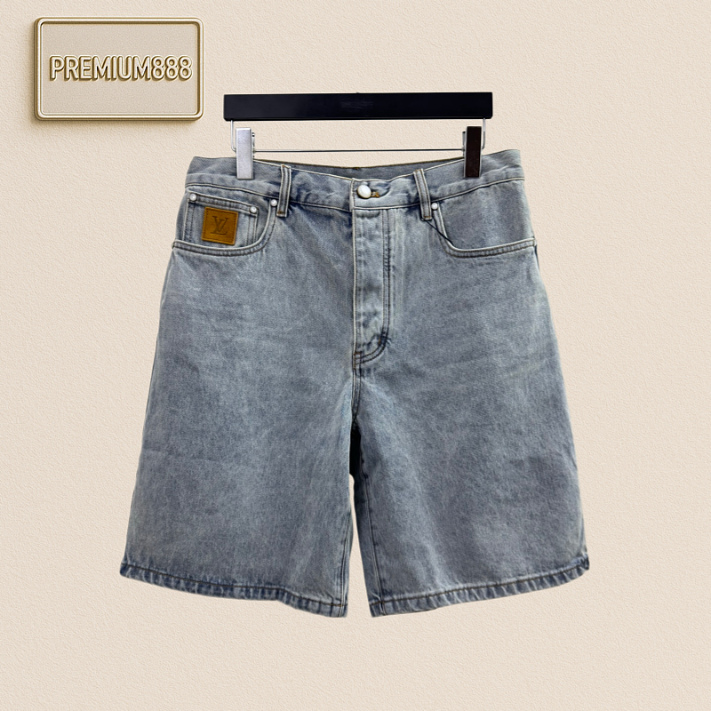 1v Louis Pocket Embroidered Leather Patch Embossed Logo Denim Shorts