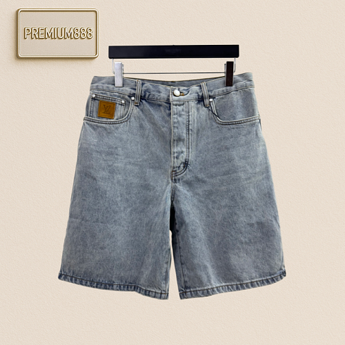 1v Louis Pocket Embroidered Leather Patch Embossed Logo Denim Shorts