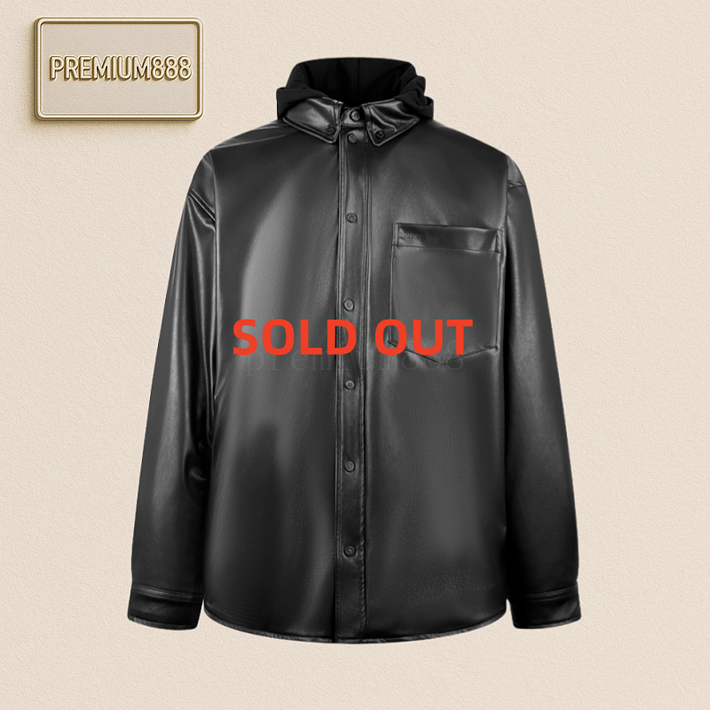 Balenciaga Parker Zipper Hooded Leather Jacket