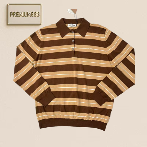 Miu Striped Polo-neck Knitted Long-Sleeve Shirt