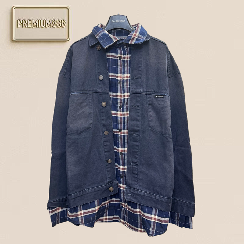 Bal Paris Denim Blazer With Plaid Patchwork Design