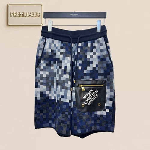 1v Louis 26ss Letter Embroidery Patchwork Camo Mosaic Knit Shorts