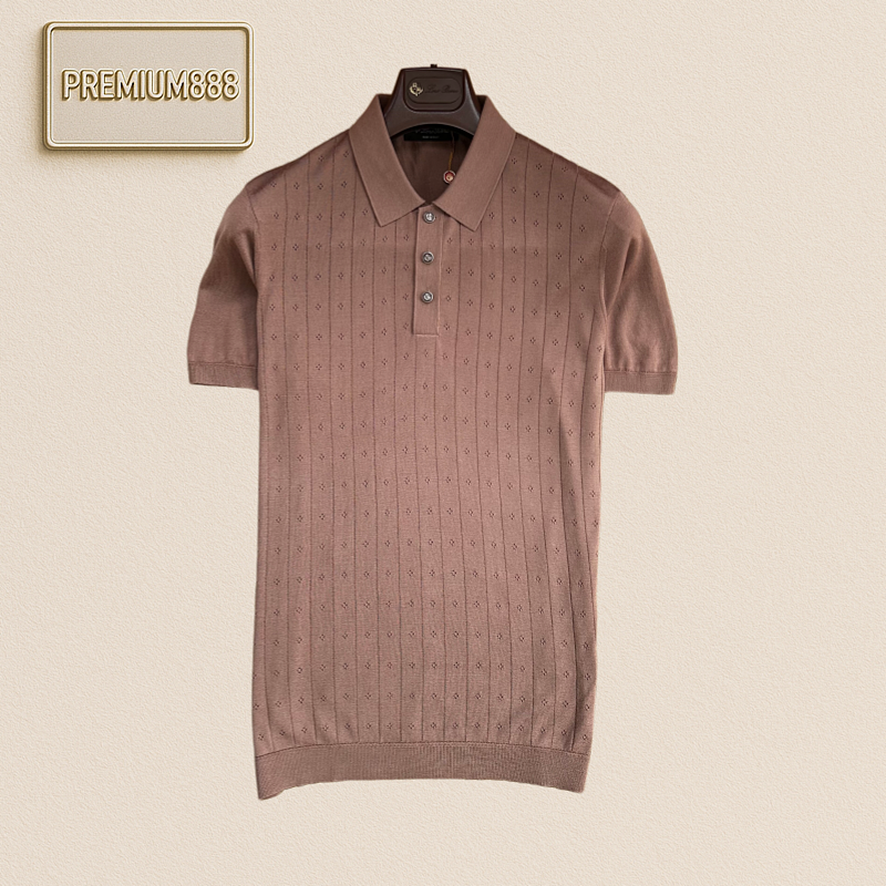 LP Noyuanpianya Classic Vertical Stripe Openwork Knitted Polo Short Sleeve Shirt