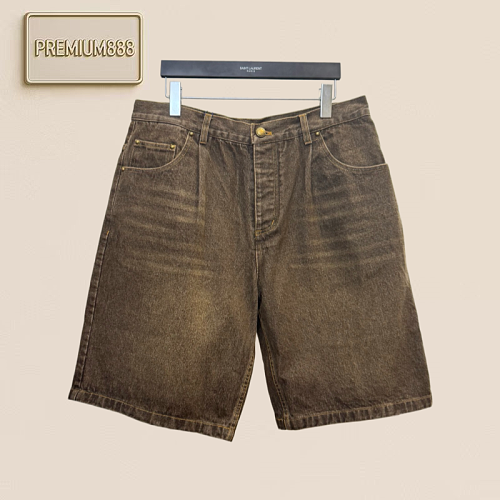 1 Piece Of Louis Metal Button Leather Label Brown Denim Short Pants