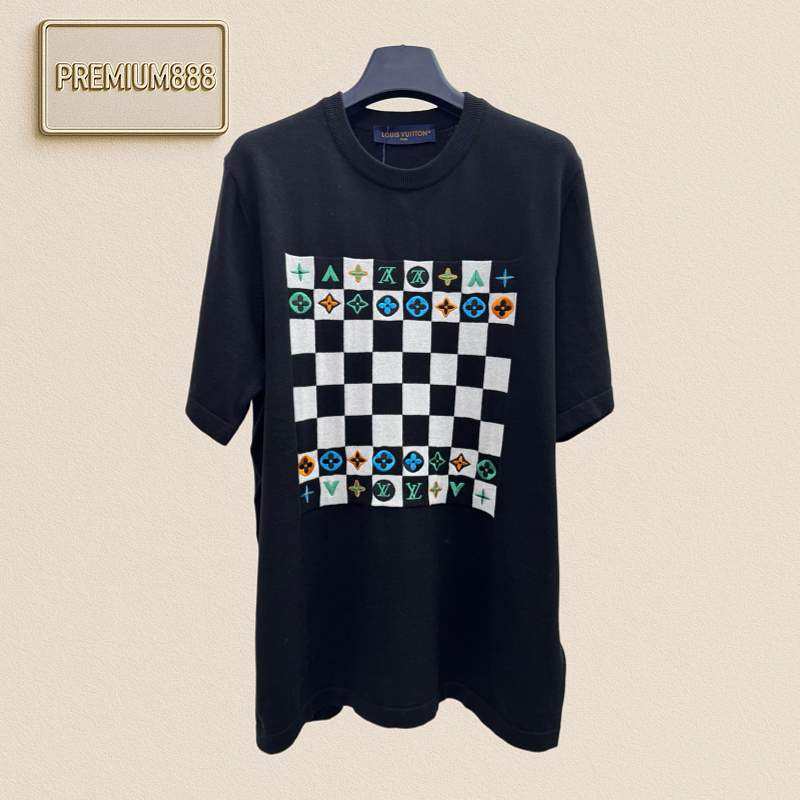 1v Louis Checkered Colorful Embroidered Knit Short-Sleeved T-Shirt