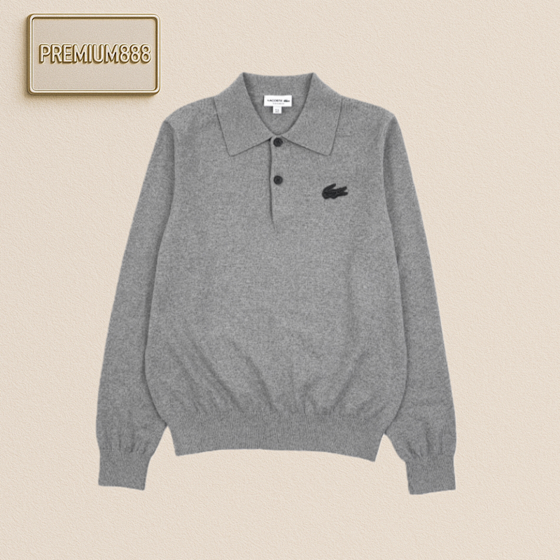 Lacoste French Crocodile Casual Lapel Long-sleeved Knitted Sweater For Men In Grey