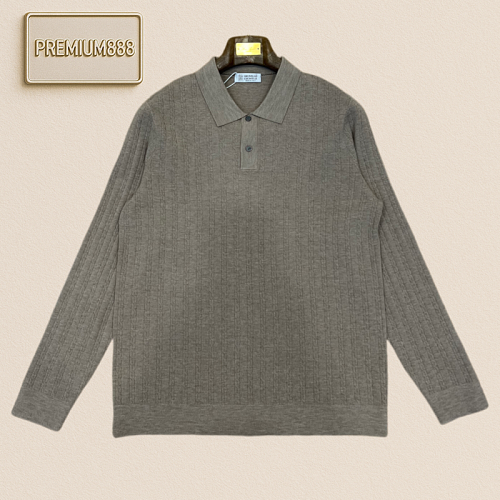 BC Brunello Collar Pointed Fine Vertical Stripes Long-Sleeve Polo Knit Sweater