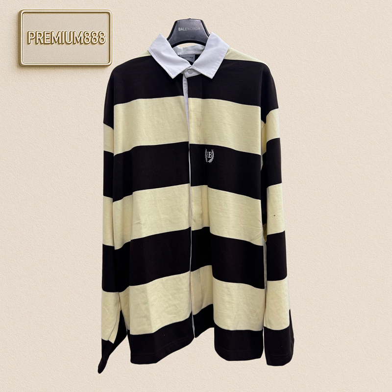 Balenciaga Wheat Double B Embroidery Brown And Yellow Striped Polo Long Sleeve