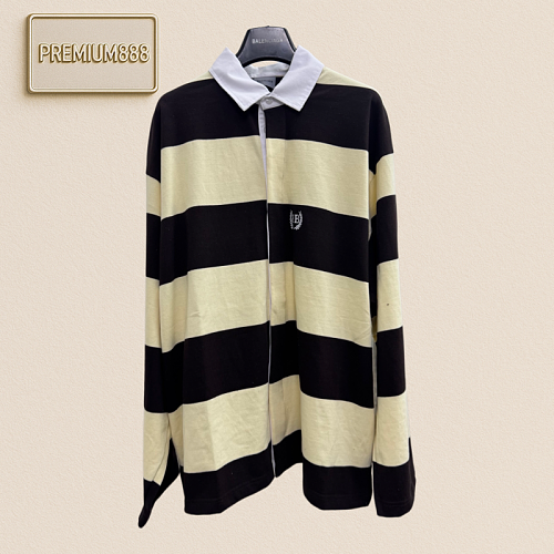 Balenciaga Wheat Double B Embroidery Brown And Yellow Striped Polo Long Sleeve