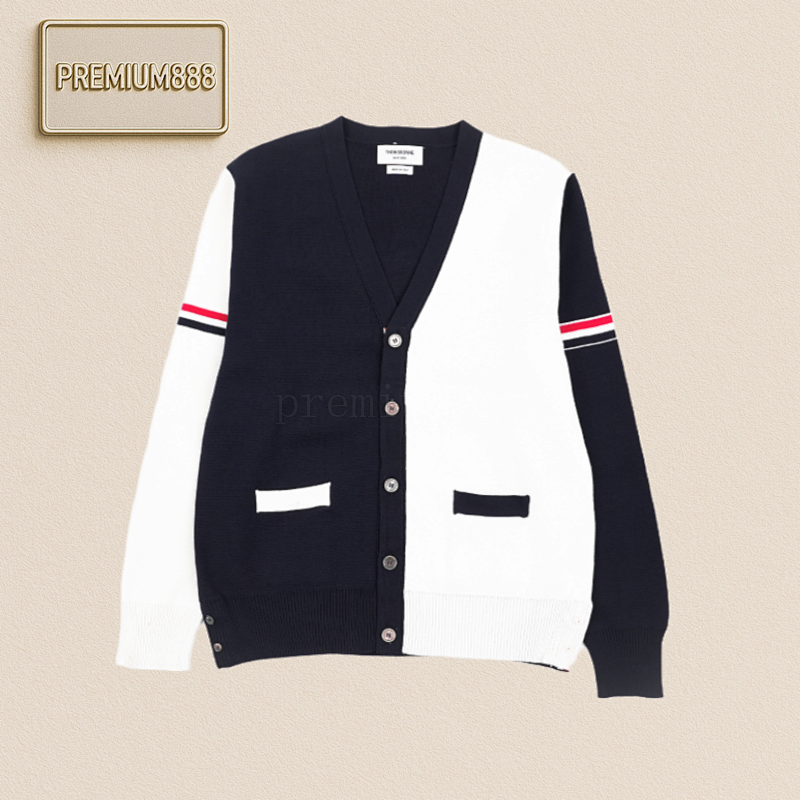 TB 25Fw Color-blocked Arm Ribbon Cardigan - Navy Blue And White