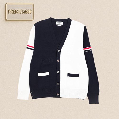 TB 25Fw Color-blocked Arm Ribbon Cardigan - Navy Blue And White