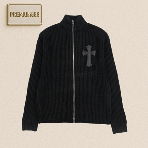 Chrome Hearts CH 23Fw Cross-stitch Leather Silver Zipper Wool Cardigan
