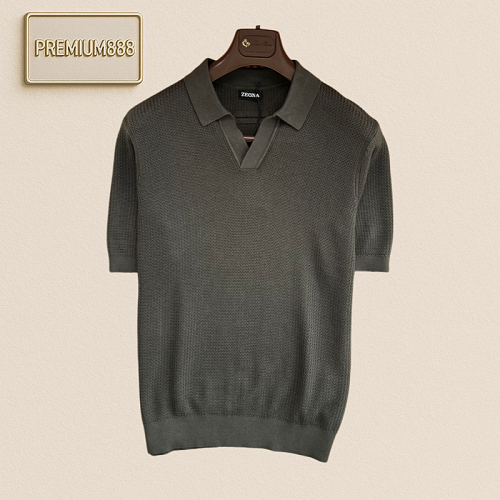 Zegna Polo Shirt With V-neck And Open Weave Pattern