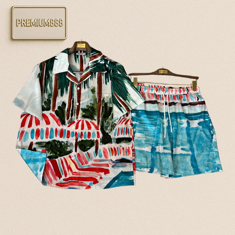 LP Nooyi Pianya Watercolor Coconut Tree Beach Short Sleeve Shorts Set