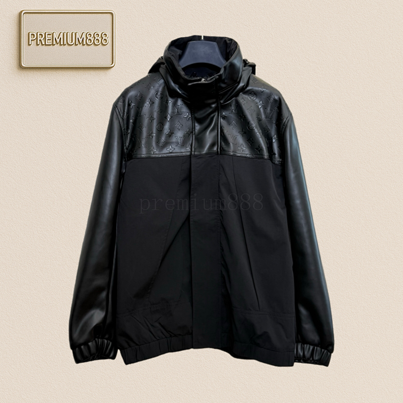 1v Louis Black Nylon Blend Leather Hooded Jacket