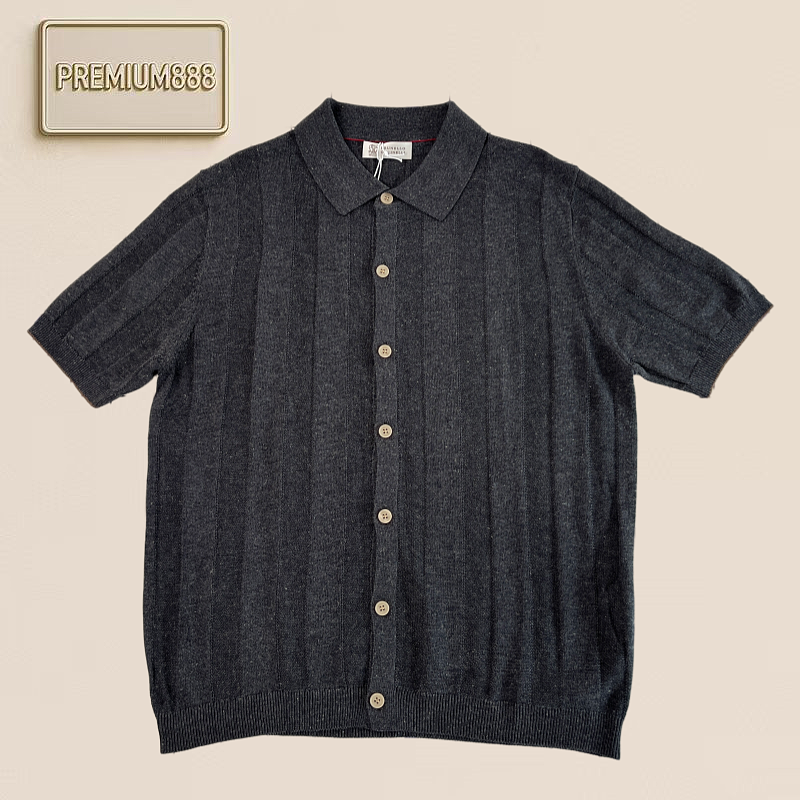 BC Double-color Linen Blend Button-down Knit Short-sleeved Shirt