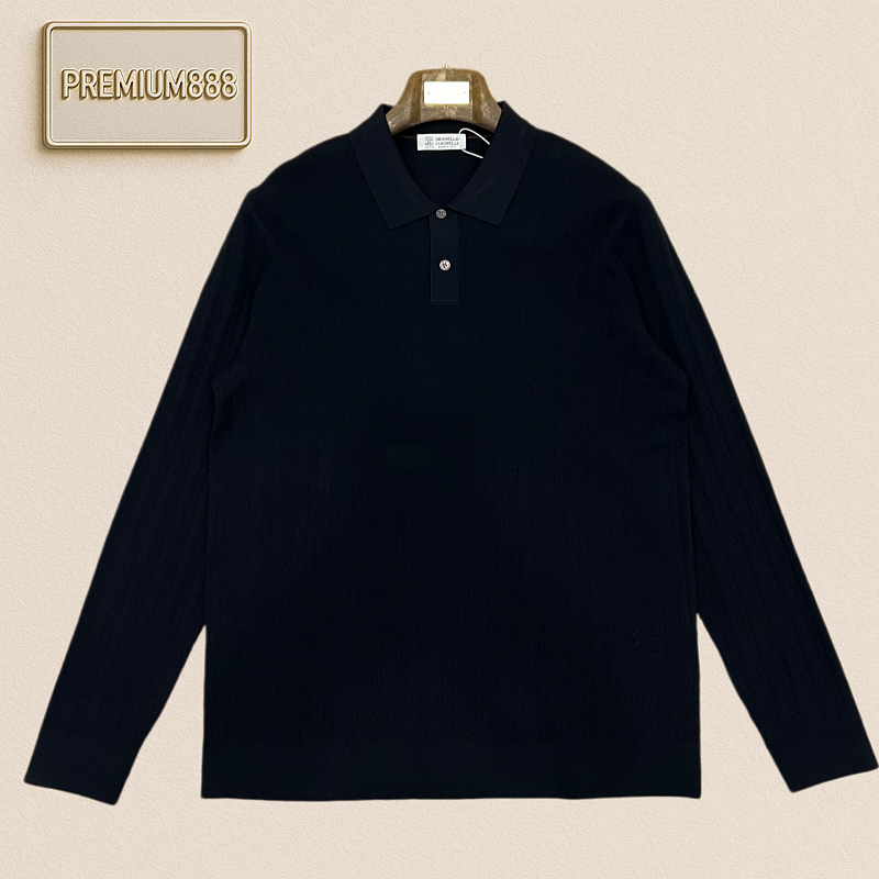 BC Brunello Collar Pointed Fine Vertical Stripes Long-Sleeve Polo Knit Sweater
