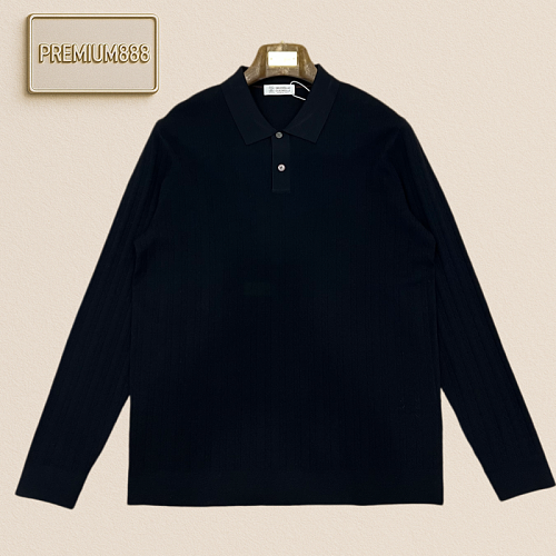 BC Brunello Collar Pointed Fine Vertical Stripes Long-Sleeve Polo Knit Sweater