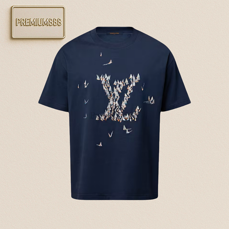 L V Sailboat Embroidered Round Neck Short Sleeves