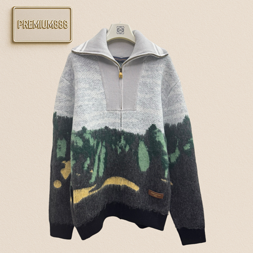 1v Louis Forest Scenery Jacquard Zippered V-Neck Knit Sweater Coat