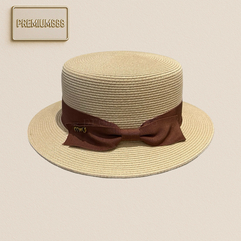 Miu New Flat Top Hat Taiwan PP Grass Fabric Haute Couture Head Circumference 57cm