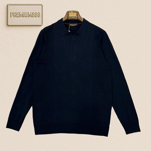 Loro Piana Norio Piani Vertical Ribbed V-neck Polo Knit Shirt