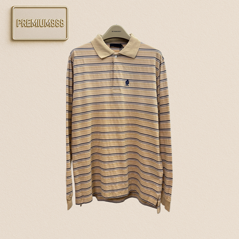 Prada Khaki Horizontal Stripe Polo Long-sleeved Shirt With Collar