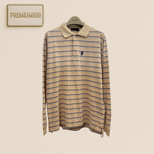 Prada Khaki Horizontal Stripe Polo Long-sleeved Shirt With Collar