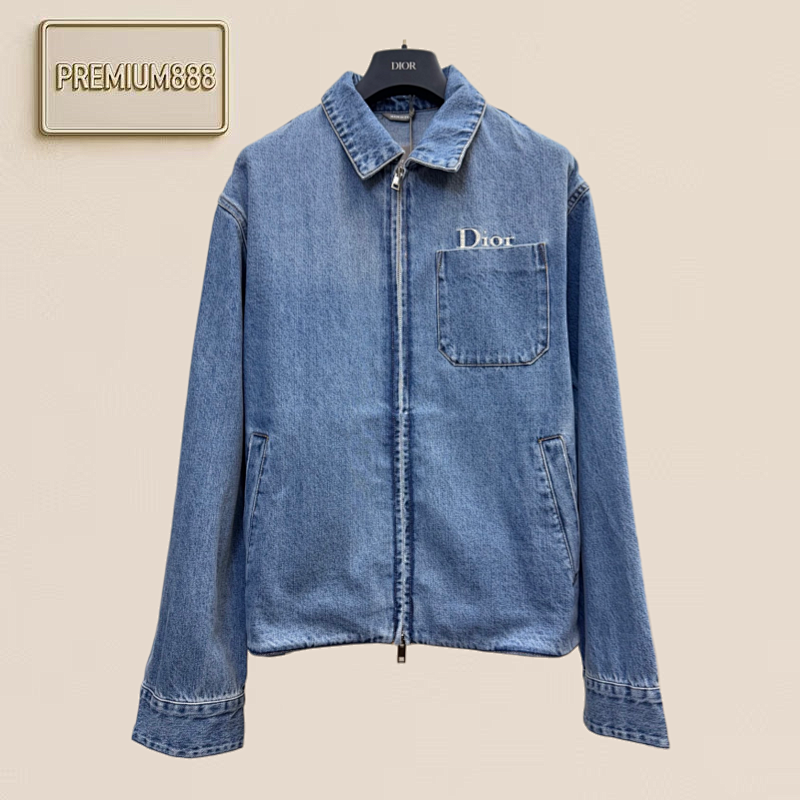 Dio Pocket Letter-Design Embroidered Washed-Look Zipper Denim Jacket