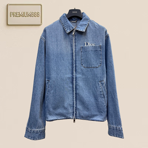Dio Pocket Letter-Design Embroidered Washed-Look Zipper Denim Jacket
