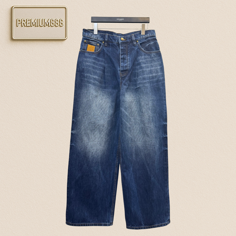 1v Louis Leather Shadow Stripes Wide Leg Denim Pants