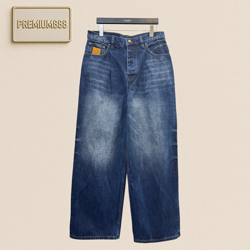 1v Louis Leather Shadow Stripes Wide Leg Denim Pants