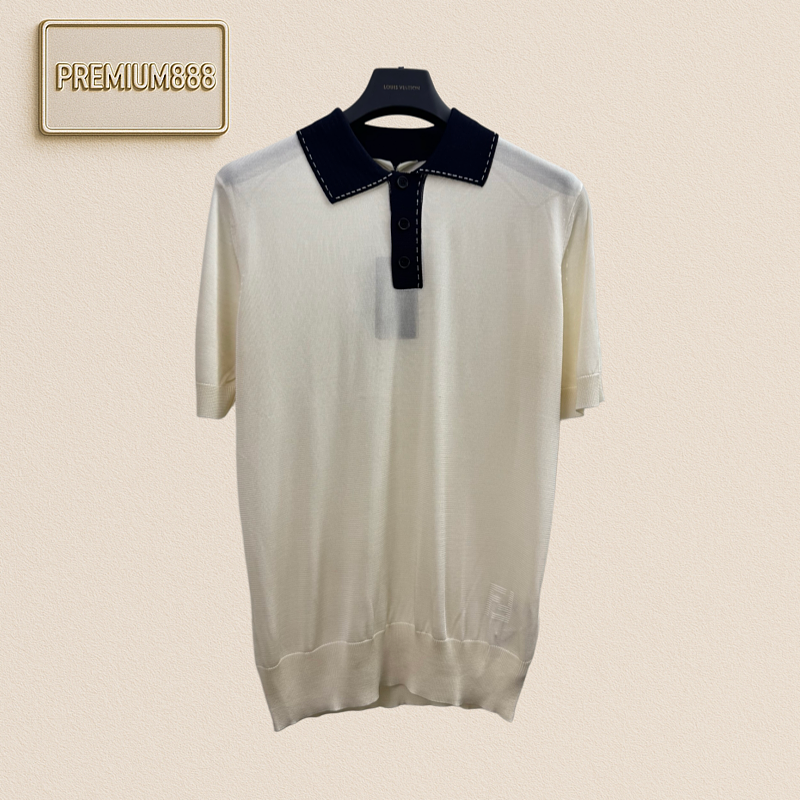 Fendi Color-Matched Collar Fleece Knit Polo Shirt Short Sleeve