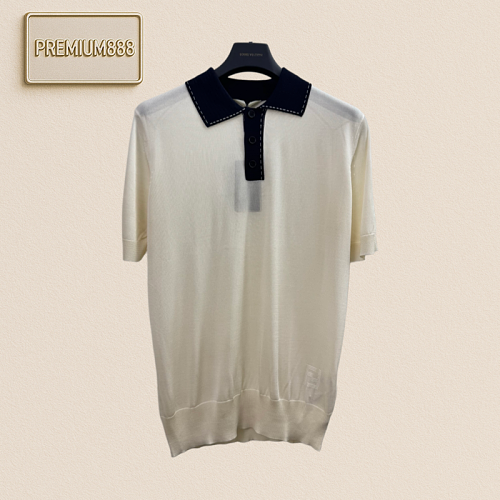 Fendi Color-Matched Collar Fleece Knit Polo Shirt Short Sleeve