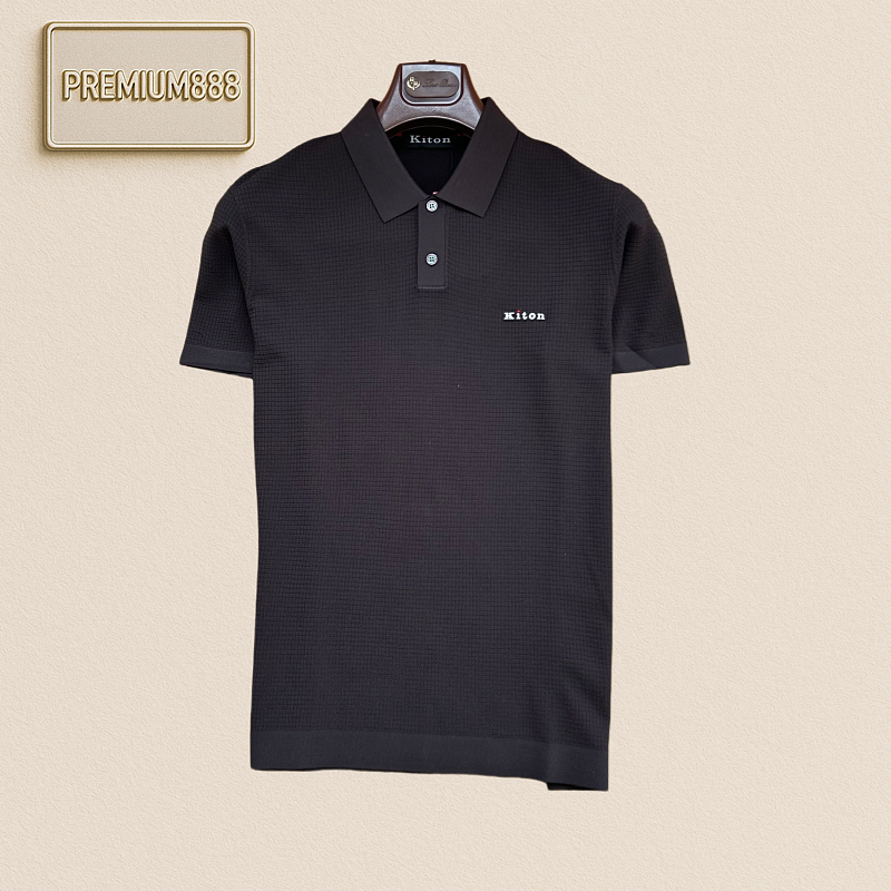Kiton Waffle Texture Lettered Collar Polo Short Sleeve Shirt