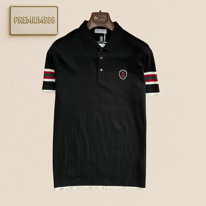 BC Brunello Classic Shield Logo Embroidered Collar Short-Sleeve Polo Shirt