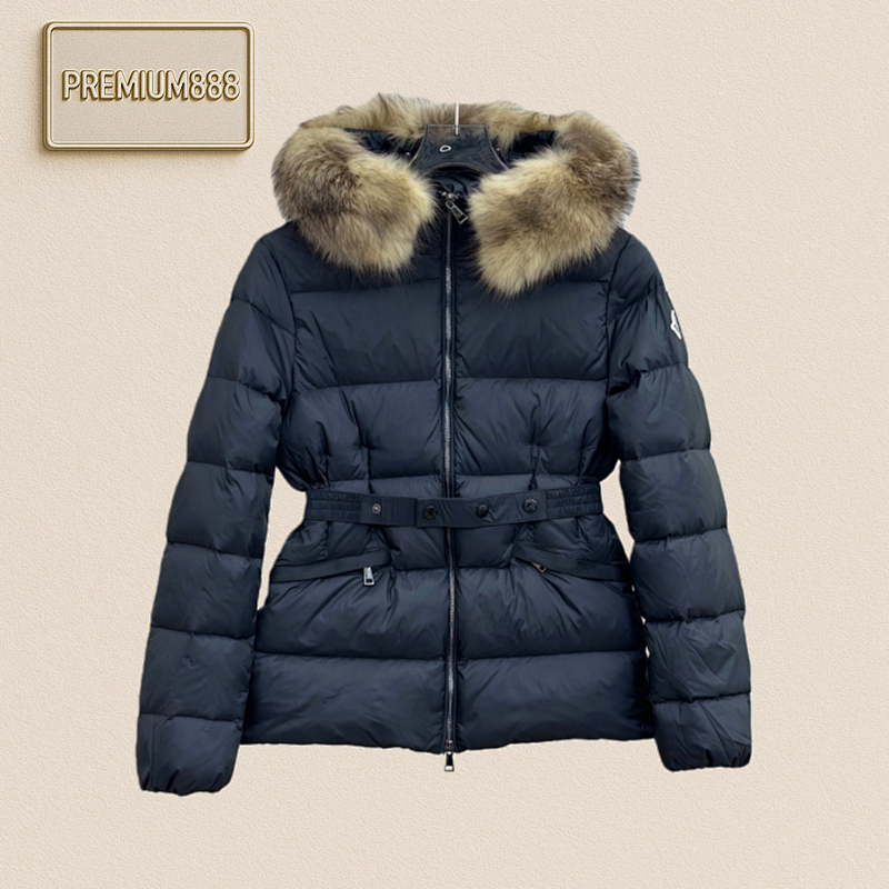 Moncler Boed Detachable Fox Fur Collar Elastic Belt Lightweight Nylon Cinched Waist Down J