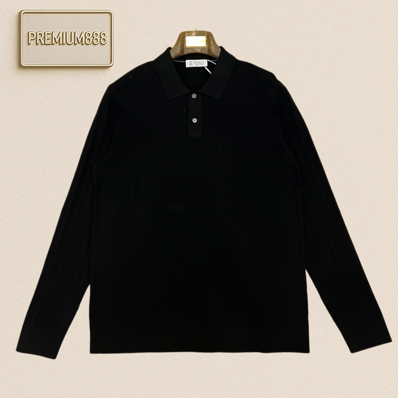 BC Brunello Collar Pointed Fine Vertical Stripes Long-Sleeve Polo Knit Sweater