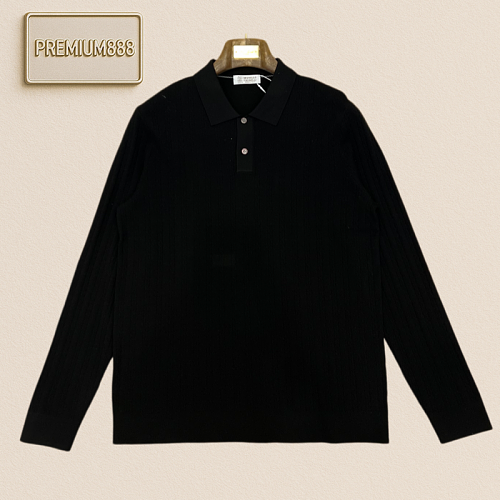 BC Brunello Collar Pointed Fine Vertical Stripes Long-Sleeve Polo Knit Sweater