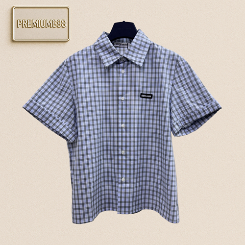 MiuMiu Blue And Grey Checkered Satin Shirt Short Sleeve