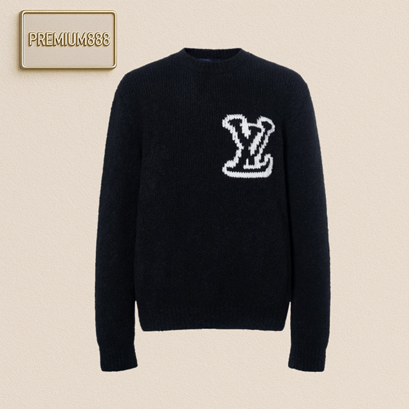 L V Intarsia Pattern Teddy Fur Wool Black Knitwear