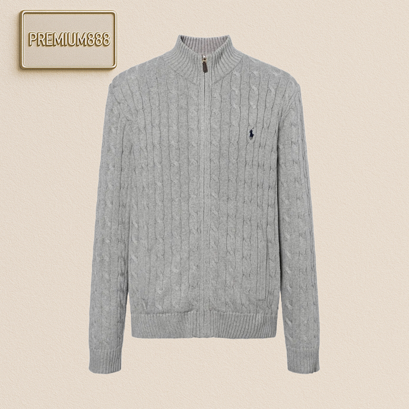 Polo Ralph Lauren Solid Zip Up Collar Long Sleeve Sweater Men's Grey 100 Cotton