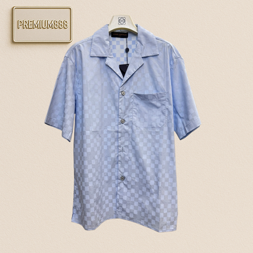 1v Louis 26ss Checkered Blue Small Grid Shirt Short Sleeve