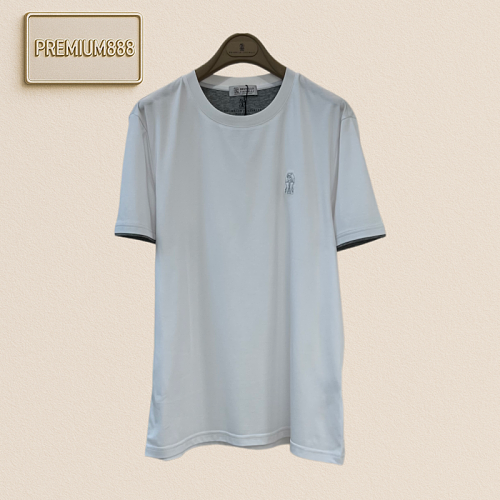 BC Brunello Classic Contrasting Color Sleeve Embroidery Round Neck Short-Sleeve T-shirt