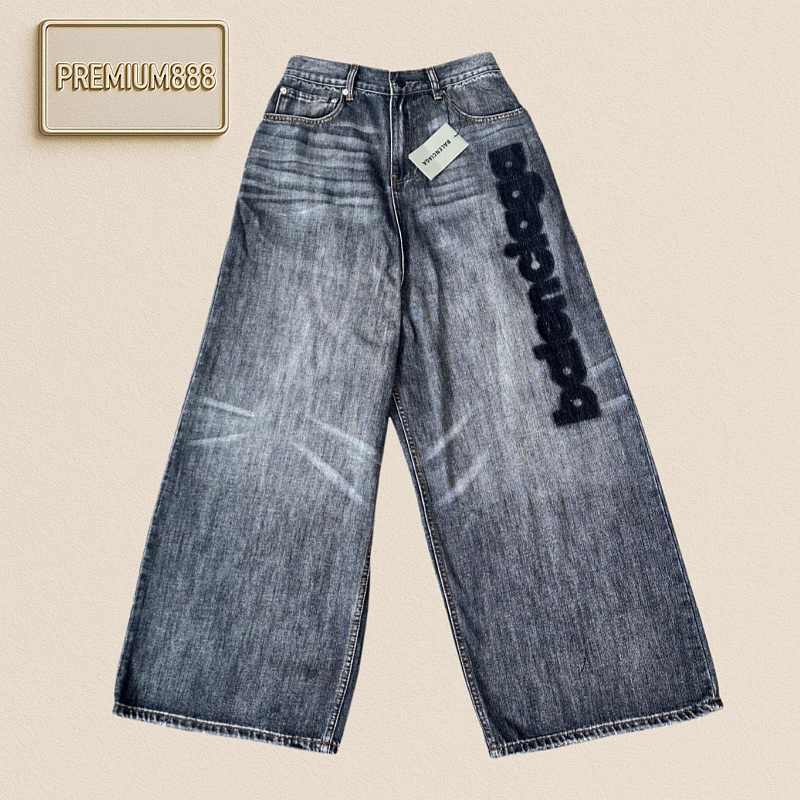 Balenciaga Blcg Grey Washed Embroidered Baggy Denim Pants