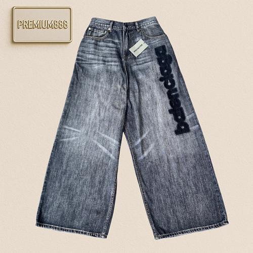 Balenciaga Blcg Grey Washed Embroidered Baggy Denim Pants