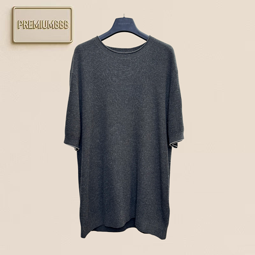 BC Solid Color Ribbed Round-neck Button-down Knit Shirt With Short Sleeves