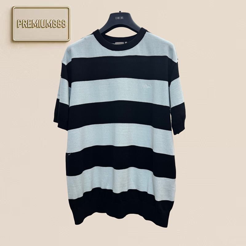 Dior 26ss Letter Embroidery Multi-color Striped Knit Short-Sleeved T-shirt
